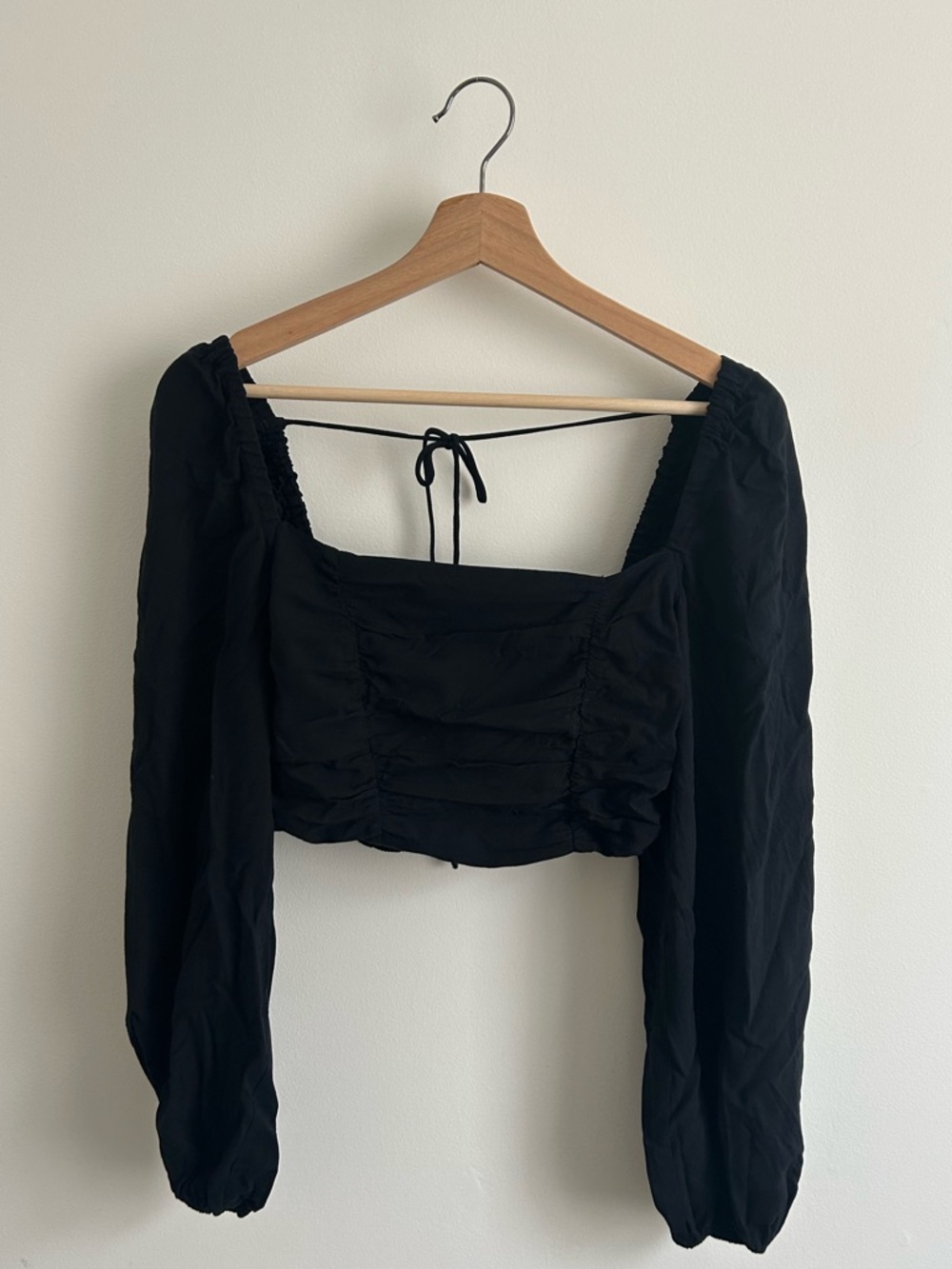 Urban Outfitters Black Ruched Square-Neck Tie-Back Crop Top